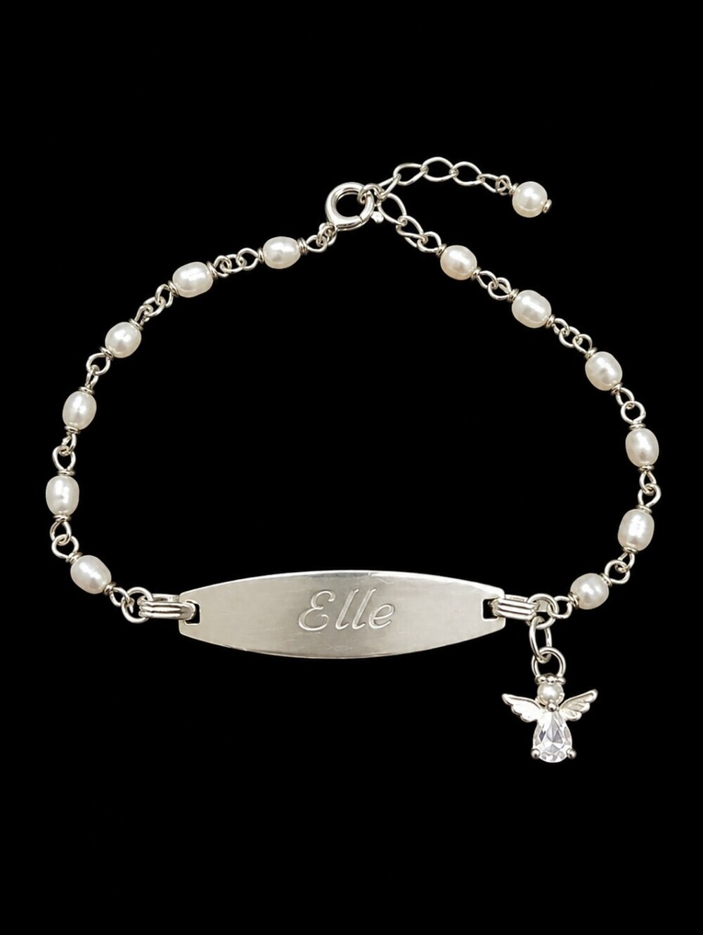 Dainty Sterling Silver Pearlesque Chain Elle ID Angel Tennis Bracelet